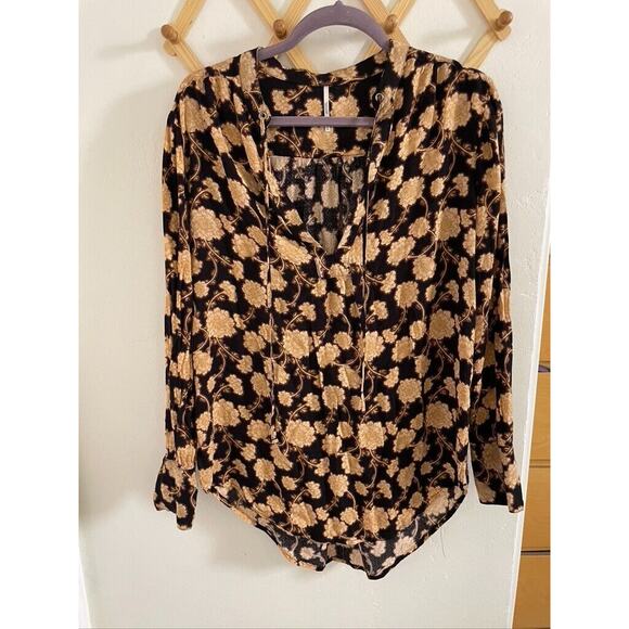 Free People Mia Floral Tunic Top XS Oversized Black Brown Vintage Long Sleeve - Picture 2 of 11
